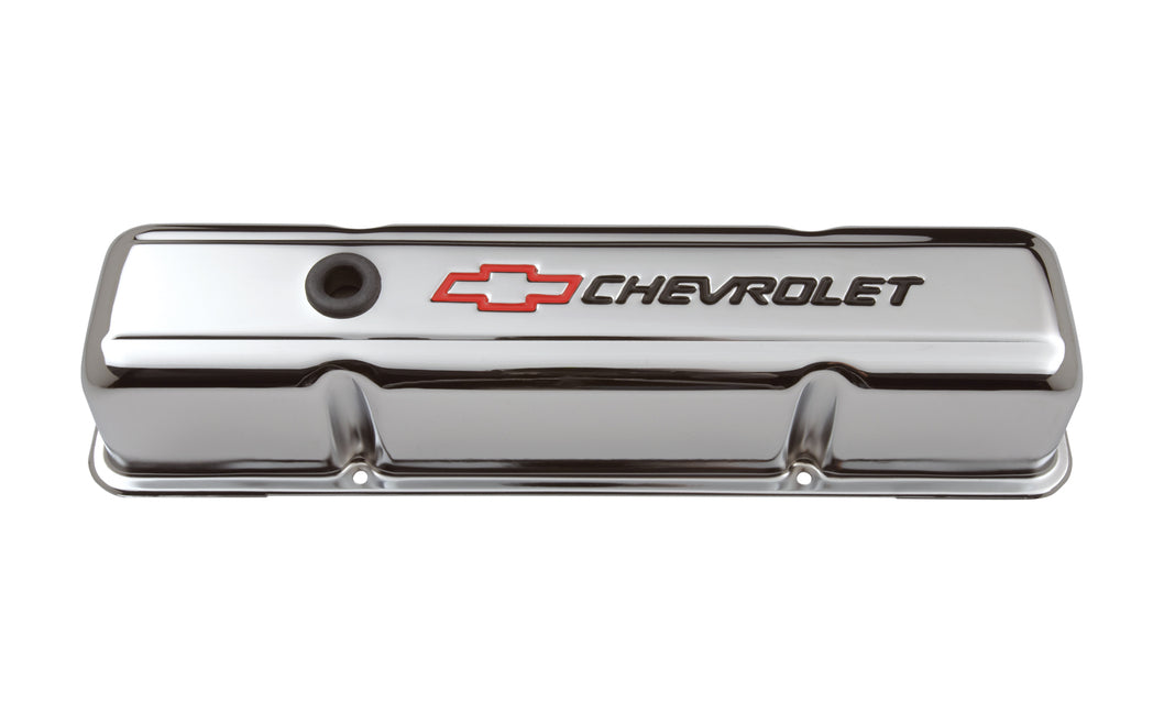Chevrolet Performance Parts 141-905 Engine Valve Covers Stamped Steel Tall Chrome w/ Bowtie Logo Fits SB Chevy Embossed Black Chevrolet & Red Bowtie Logos Chevrolet Performance Parts - Truck Part Superstore