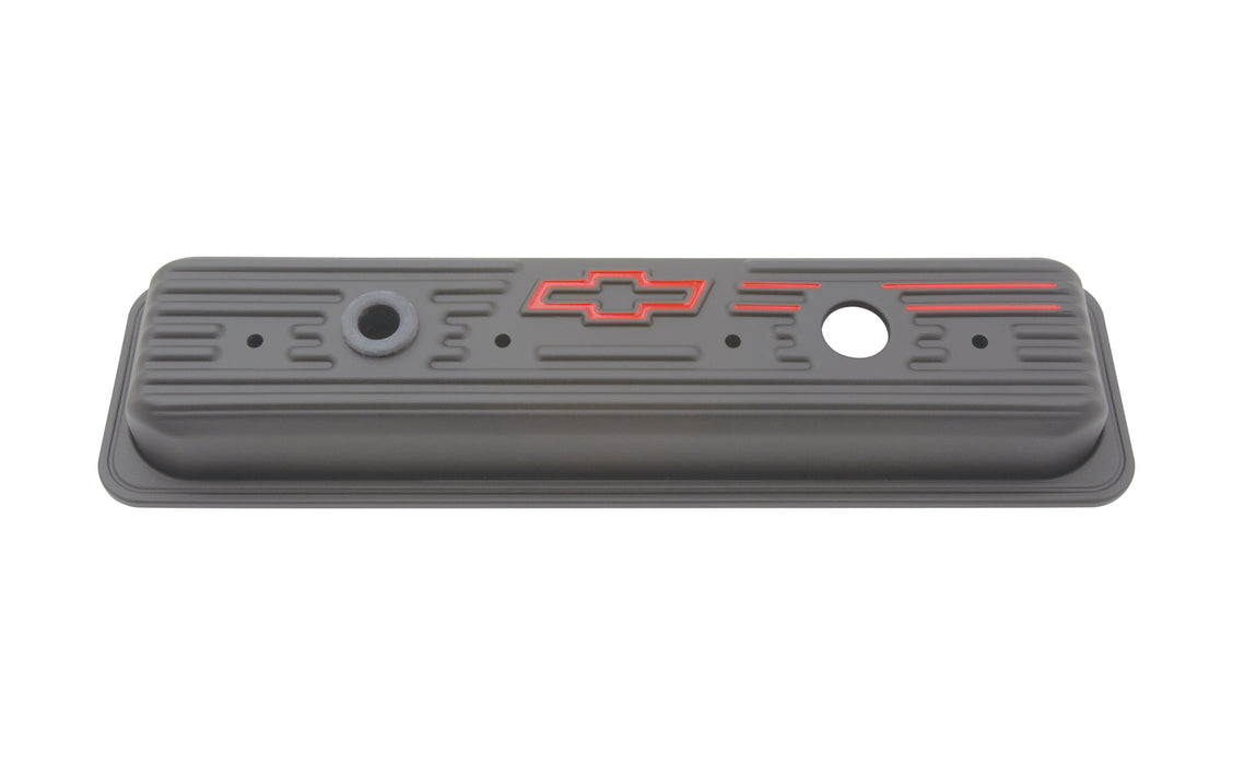 Chevrolet Performance Parts 141-907 Engine Valve Covers Center Bolt Style Steel Black w/Bowtie Logo SB Chevy Embossed Red Bowtie Logo Chevrolet Performance Parts - Truck Part Superstore