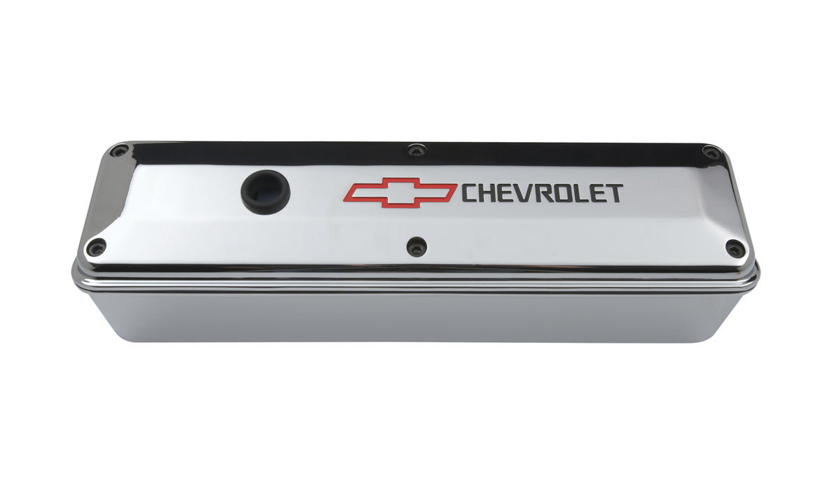 Chevrolet Performance Parts 141-912 Engine Valve Covers 2 Piece Tall Style Die Cast Chrome w/Bowtie LogoSB Chevy Recessed Black Chevrolet & Red Bowtie Logos Chevrolet Performance Parts - Truck Part Superstore