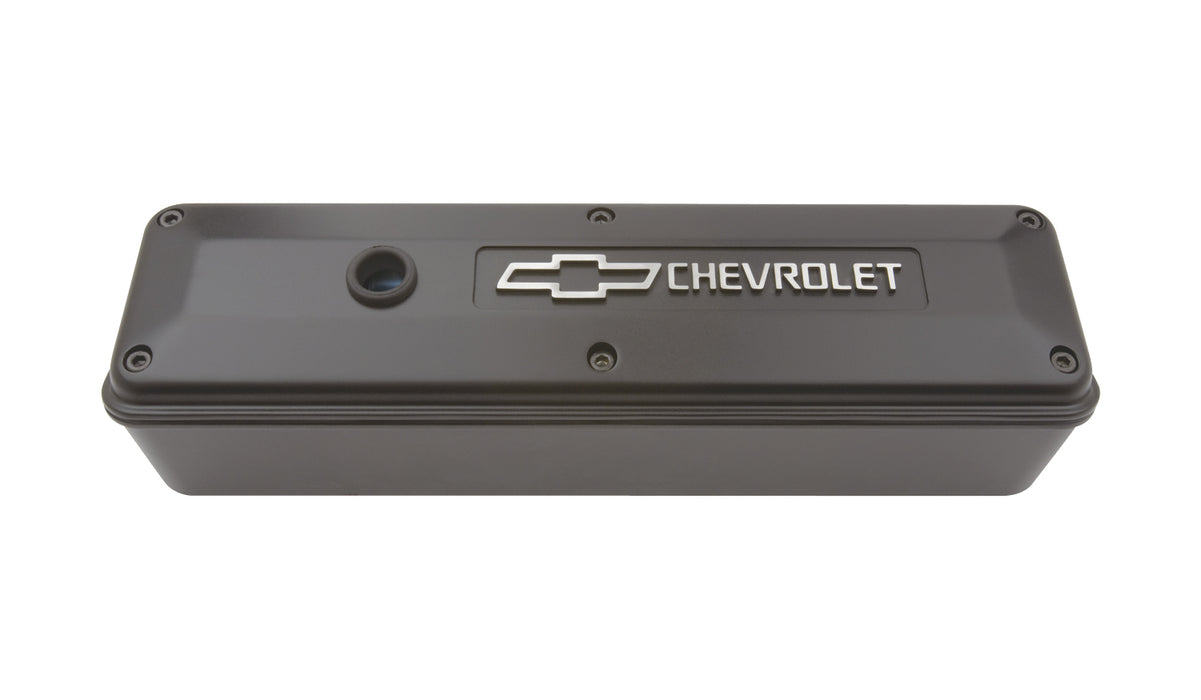 Chevrolet Performance Parts 141-914 Engine Valve Cover 2 Piece Tall Style Die Cast Black w/Bowtie Logo SB Chevy Raised Chevrolet & Bowtie Logos Chevrolet Performance Parts - Truck Part Superstore