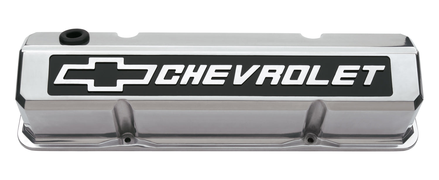 Chevrolet Performance Parts 141-920 Valve Covers Slant Edge Tall Die Cast Polished w/Raised Bowtie Logo SB Chevy Raised Chevrolet & Bowtie Logos Chevrolet Performance Parts - Truck Part Superstore