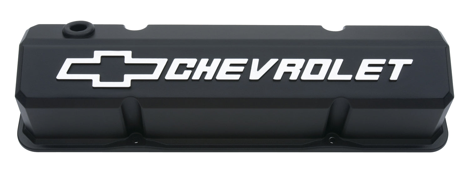 Chevrolet Performance Parts 141-921 Valve Covers Slant Edge Tall Die Cast Black W/Raised Bowtie Logo SB Chevy Raised Chevrolet & Bowtie Logos Chevrolet Performance Parts - Truck Part Superstore