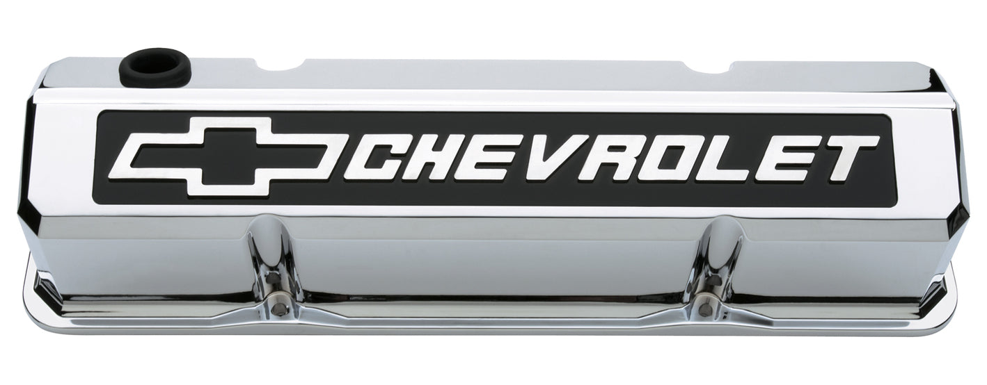 Chevrolet Performance Parts 141-922 Valve Covers Slant Edge Tall Die Cast Chrome w/Raised Bowtie Logo SB Chevy Raised Chevrolet & Bowtie Logos Chevrolet Performance Parts - Truck Part Superstore