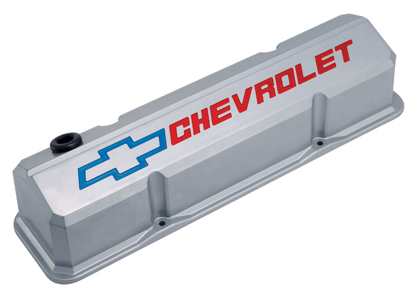 Chevrolet Performance Parts 141-923 Valve Covers Slant Edge Tall Die Cast Gray w/Recessed Bowtie Logo SB Chevy Recessed Red Chevrolet & Blue Bowtie Logos Chevrolet Performance Parts - Truck Part Superstore