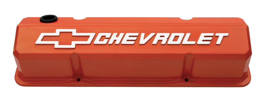 Chevrolet Performance Parts 141-924 Valve Covers Slant Edge Tall Die Cast Orange W/Raised Bowtie Logo SB Chevy Raised Chevrolet & Bowtie Logos Chevrolet Performance Parts - Truck Part Superstore