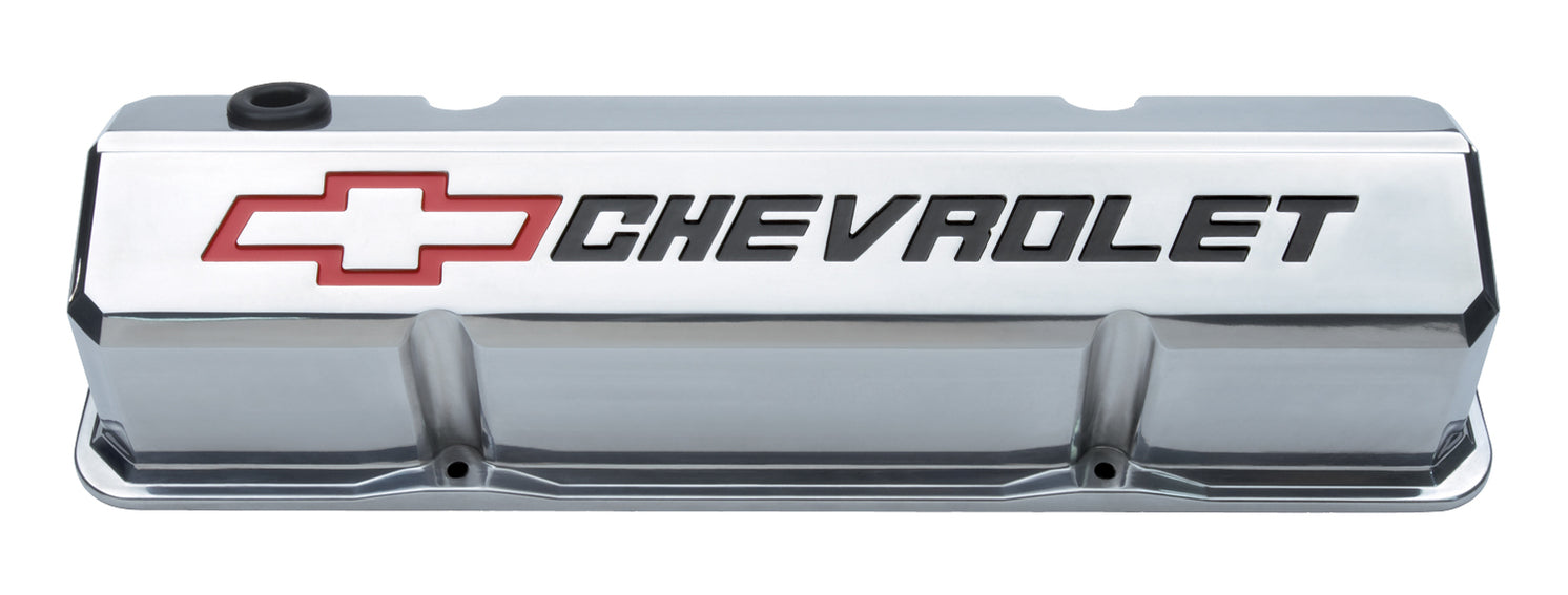 Chevrolet Performance Parts 141-927 Valve Covers Slant Edge Tall Die Cast Polish w/Recessed Bowtie Logo SB Chevy Recessed Black Chevrolet & Red Bowtie Logos Chevrolet Performance Parts - Truck Part Superstore