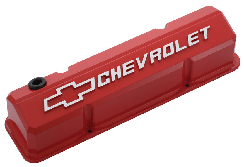 Chevrolet Performance Parts 141-931 Valve Covers Slant Edge Tall Die Cast Red W/Raised Bowtie Logo SB Chevy Raised Chevrolet & Bowtie Logos Chevrolet Performance Parts - Truck Part Superstore