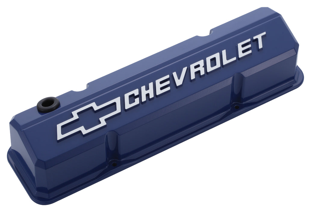 Chevrolet Performance Parts 141-932 Valve Covers Slant Edge Tall Die Cast Blue W/Raised Bowtie Logo SB Chevy Raised Chevrolet & Bowtie Logos Chevrolet Performance Parts - Truck Part Superstore