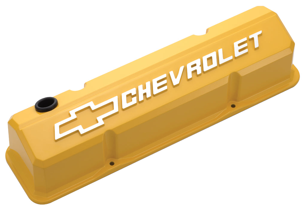 Chevrolet Performance Parts 141-934 Valve Covers Slant Edge Tall Die Cast Yellow W/Raised Bowtie Logo SB Chevy Raised Chevrolet & Bowtie Logos Chevrolet Performance Parts - Truck Part Superstore