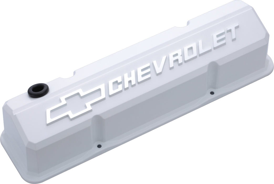Chevrolet Performance Parts 141-935 Valve Covers Slant Edge Tall Die Cast White W/Raised Bowtie Logo SB Chevy Raised Chevrolet & Bowtie Logos Chevrolet Performance Parts - Truck Part Superstore