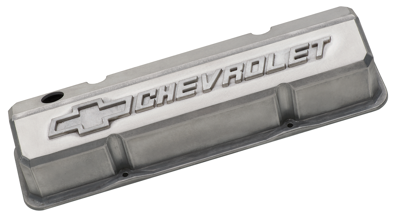 Chevrolet Performance Parts 141-939 Valve Covers Slant Edge Tall Alum Unpolished W/Raised Bowtie Logo SB Chevy Raised Chevrolet & Bowtie Logos Chevrolet Performance Parts - Truck Part Superstore