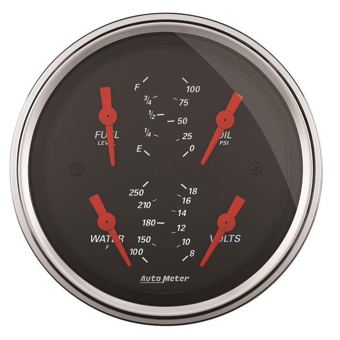 AutoMeter 1414 3-3/8in. QUAD GAUGE; 100 PSI/100-250 deg.F/8-18V/0-90 O; DESIGNER BLACK - Truck Part Superstore