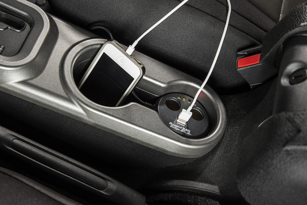 Rugged Ridge 15101.03 Power Cup; Incl. 2 USB Ports; 2 Accessory Ports; - Truck Part Superstore