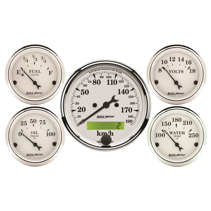 AutoMeter 1602-M GAUGE KIT; 5 PC.; 3 1/8in./2 1/16in.; ELEC. KM/H SPEEDOMETER; OLD TYME WHITE - Truck Part Superstore