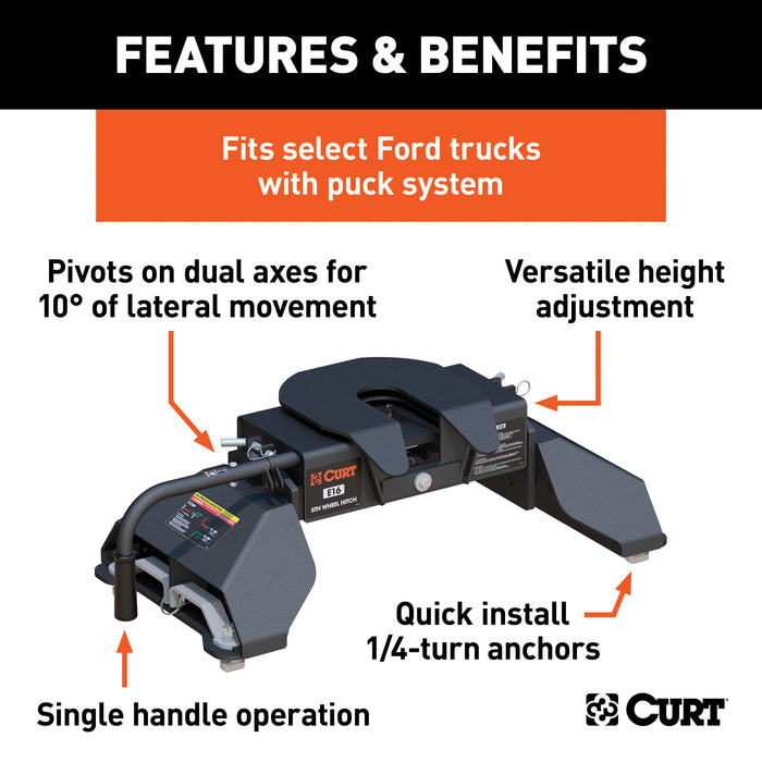 CURT 16031 E16 5th Wheel Hitch; Select Ford F-250; F-350; F-450; 8ft. Bed Puck System - Truck Part Superstore
