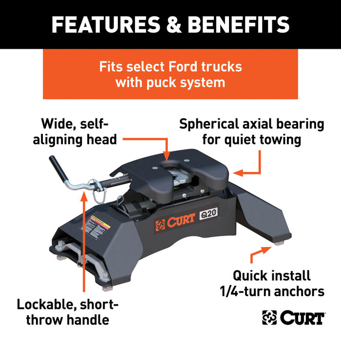 CURT 16035 Q20 5th Wheel Hitch; Select Ford F-250; F-350; F-450; 8ft. Bed Puck System - Truck Part Superstore