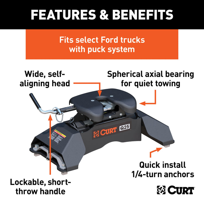 CURT 16039 Q25 5th Wheel Hitch; Select Ford F-250; F-350; F-450; 8ft. Bed Puck System - Truck Part Superstore