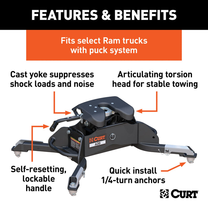 CURT 16044 A20 5th Wheel Hitch; Select Ram 2500; 3500; 8ft. Bed Puck System - Truck Part Superstore