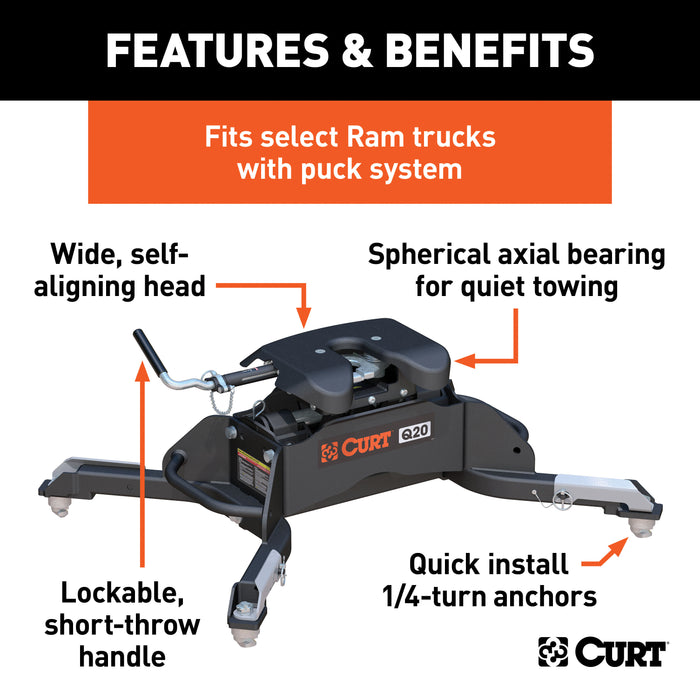 CURT 16045 Q20 5th Wheel Hitch; Select Ram 2500; 3500; 8ft. Bed Puck System - Truck Part Superstore