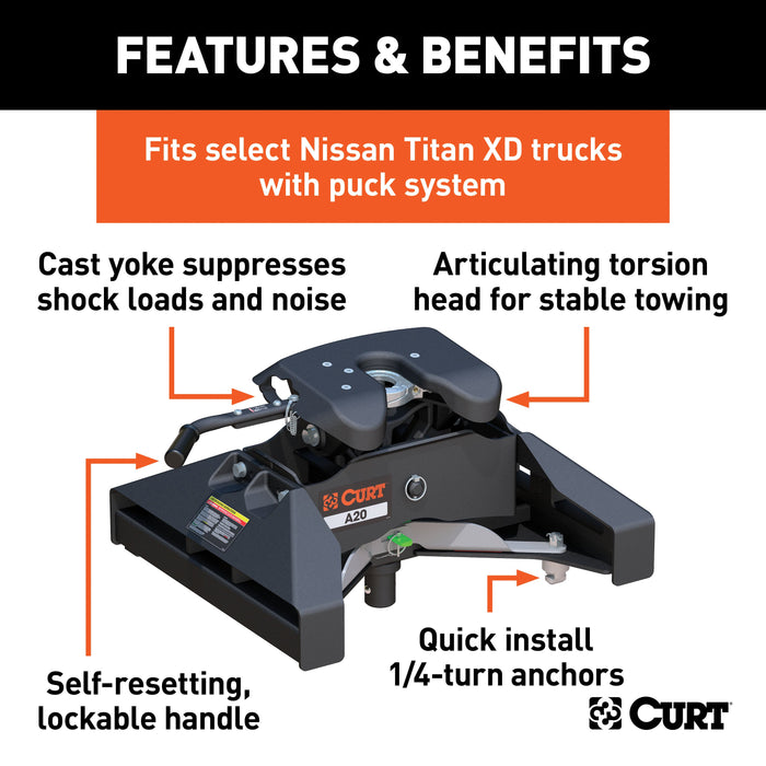 CURT 16074 A20 5th Wheel Hitch; Select Nissan Titan XD; 8ft. Bed Puck System - Truck Part Superstore