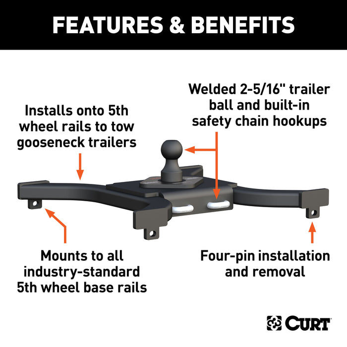 CURT 16085 Spyder 5th Wheel Rail Gooseneck Hitch with 2-5/16in. Ball; 25K - Truck Part Superstore