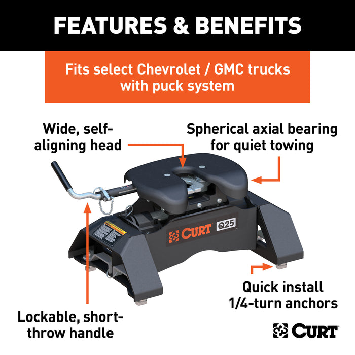 CURT 16096 Q25 5th Wheel Hitch; Select Silverado; Sierra 2500; 3500 HD; 8ft. Bed Puck Syste - Truck Part Superstore