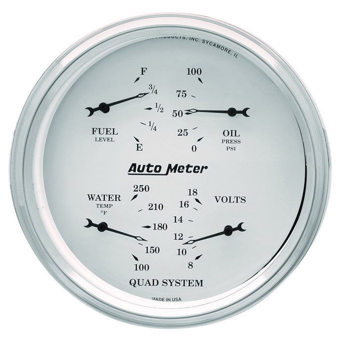 AutoMeter 1619 5in. QUAD GAUGE; 100 PSI/100-250 deg.F/8-18V/0-90 O; OLD-TYME WHITE - Truck Part Superstore