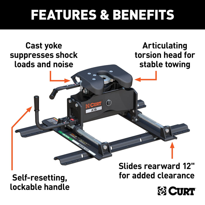 CURT 16621 A16 Sliding 5th Wheel Hitch with Rails; 16;000 lbs. - Truck Part Superstore