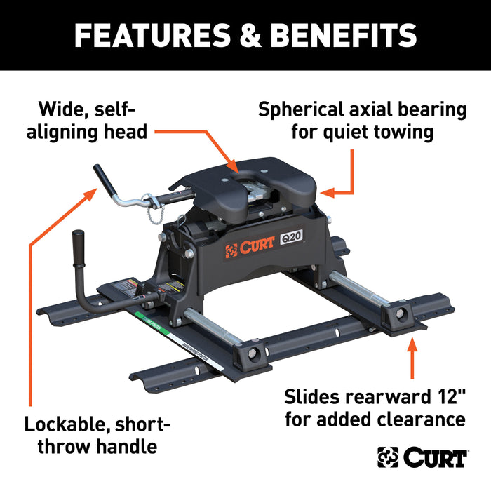 CURT 16636 Q20 Sliding 5th Wheel Hitch with Rails; 20;000 lbs. - Truck Part Superstore