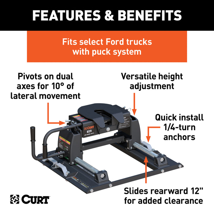 CURT 16674 E16 Sliding 5th Wheel Hitch; Select Ford F250; F350; F450; 6.75ft. Bed Puck Syst - Truck Part Superstore
