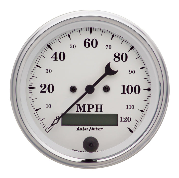 AutoMeter 1680 GAUGE; SPEEDO.; 3 3/8in.; 120MPH; ELEC. PROG. W/LCD ODO; OLD TYME WHITE - Truck Part Superstore