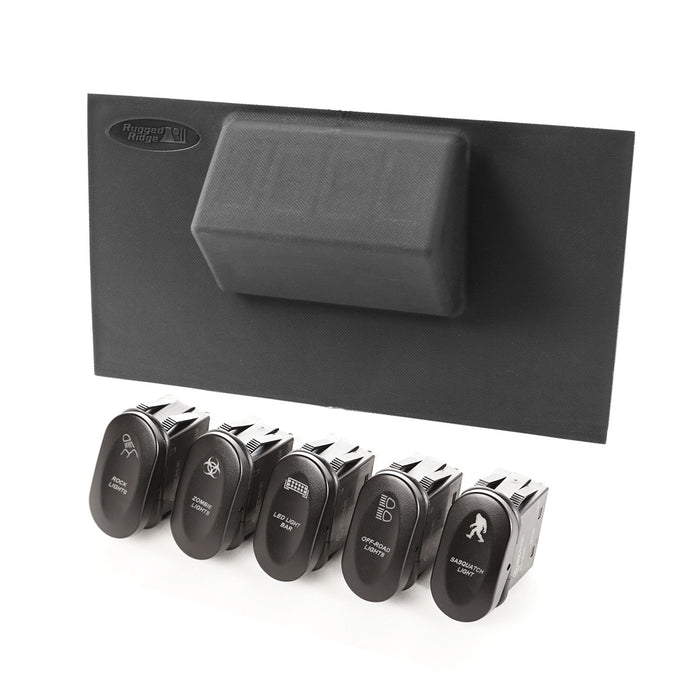 Rugged Ridge 17235.72 Lower Switch Panel Kit; Incl. Switch Panel; 5 2 Position Etched Rocker Switches; - Truck Part Superstore