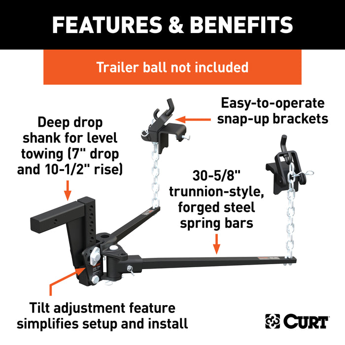 CURT 17352 CURT 17352 Deep Drop Trunnion Weight Distribution Hitch; Up to 10K; 2-Inch Shank - Truck Part Superstore