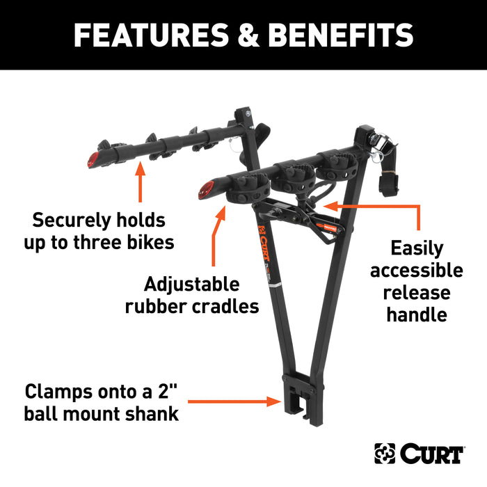 CURT 18013 CURT 18013 Clamp-On Trailer Hitch Bike Rack Mount; Fits 2-Inch Shank; 3 Bicycles - Truck Part Superstore