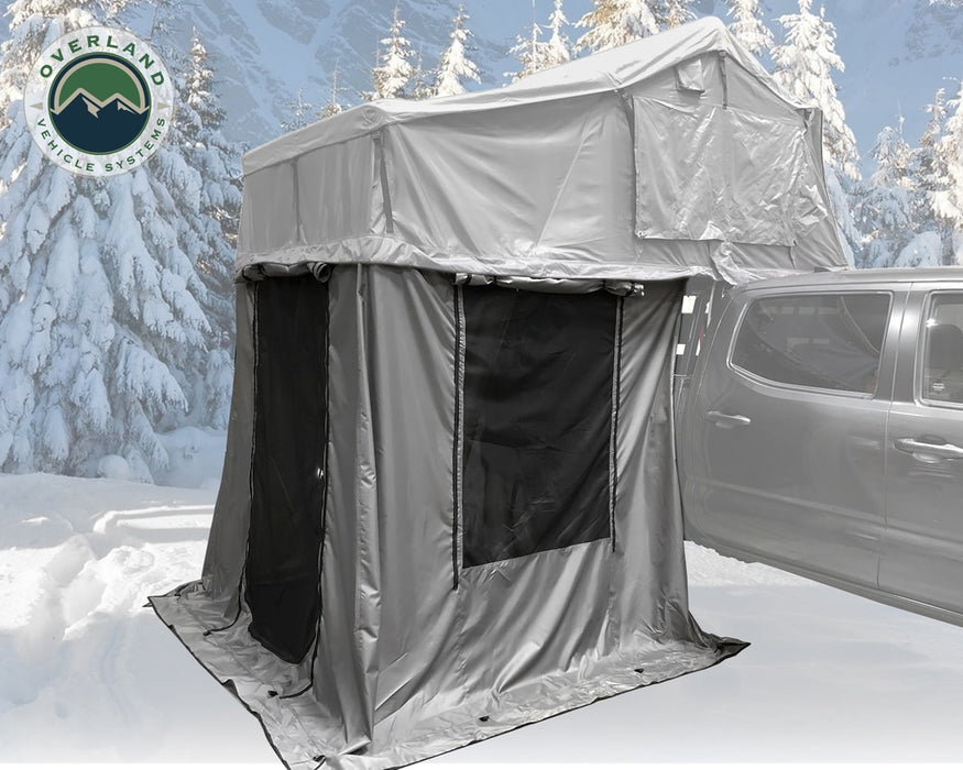 Overland Vehicle Systems 18031926 Roof Top Tent Extended 3 Person Roof Top Tent With Annex White/Dark Gray Rain Fly Black Cover Nomadic Arctic Overland Vehicle Systems - Truck Part Superstore
