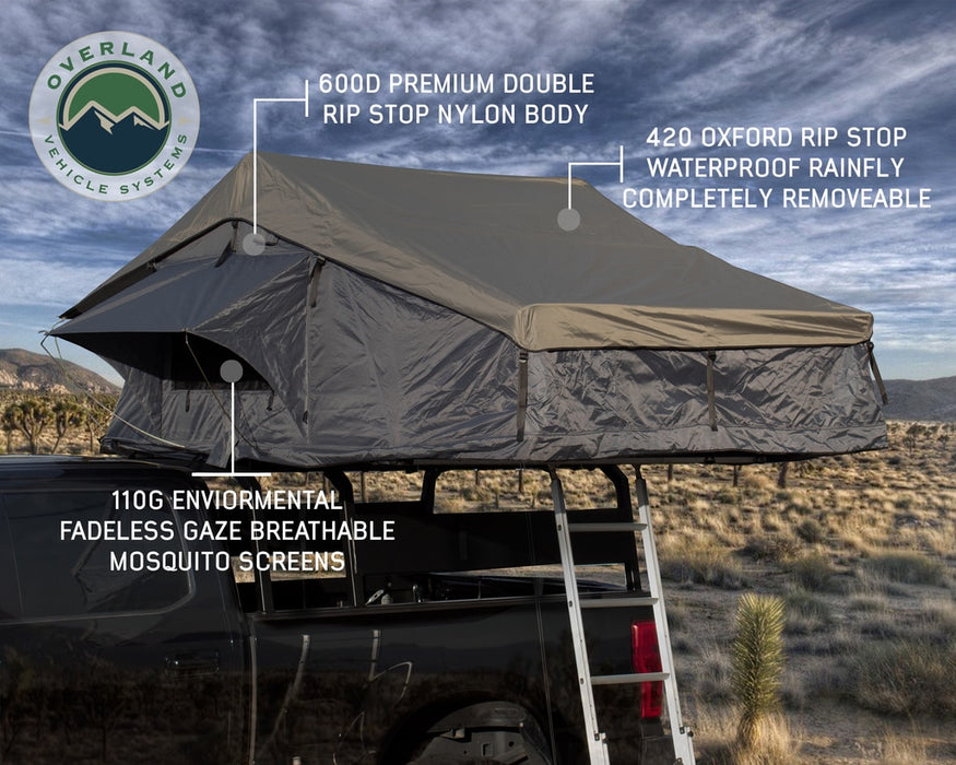 Overland Vehicle Systems 18049936 Roof Top Tent 4 Person Extended Roof Top Tent Dark Gray Base With Green Rain Fly With Bonus Pack Nomadic Overland Vehicle Systems - Truck Part Superstore