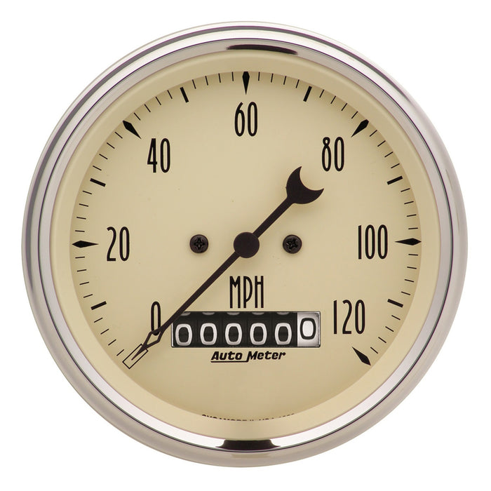 AutoMeter 1879 GAUGE; SPEEDO.; 3 3/8in.; 120MPH; ELEC. PROG. W/WHEEL ODO; ANTQ BEIGE - Truck Part Superstore