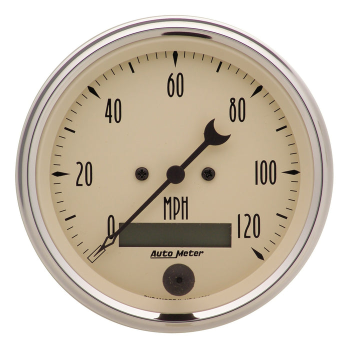 AutoMeter 1880 GAUGE; SPEEDO.; 3 3/8in.; 120MPH; ELEC. PROG. W/LCD ODO; ANTQ BEIGE - Truck Part Superstore