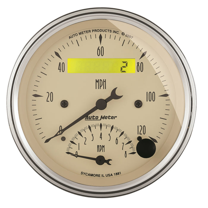 AutoMeter 1881 GAUGE; TACH/SPEEDO; 3 3/8in.; 120MPH/8K RPM; ELEC. PROGRAM.; ANTQ BEIGE - Truck Part Superstore