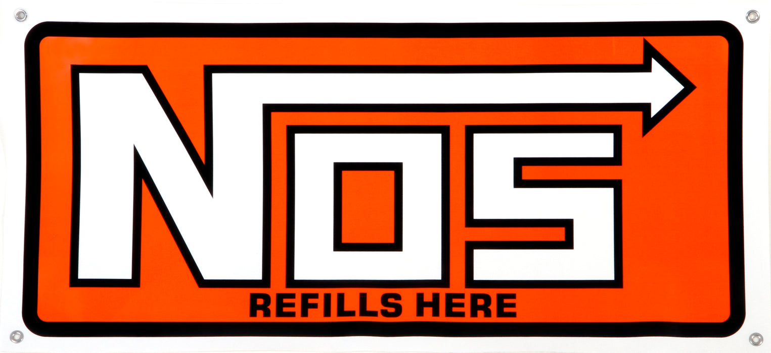 NOS/Nitrous Oxide System 19304NOS Banner; NOS Refills Here Logo; White; Nylon; 38 in. x 18 in.; Incl. Grommets; - Truck Part Superstore