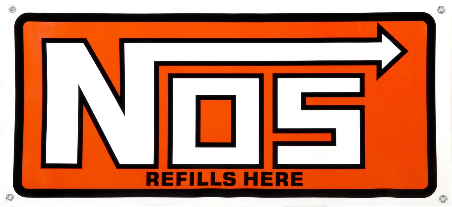 NOS/Nitrous Oxide System 19304NOS Banner; NOS Refills Here Logo; White; Nylon; 38 in. x 18 in.; Incl. Grommets; - Truck Part Superstore