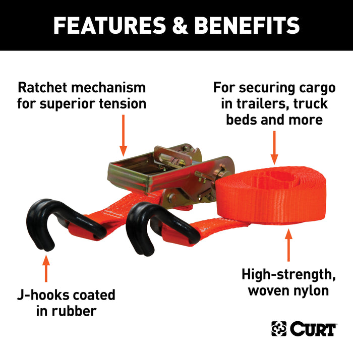 CURT 83025 16ft. Orange Cargo Strap with J-Hooks (1;100 lbs.) - Truck Part Superstore