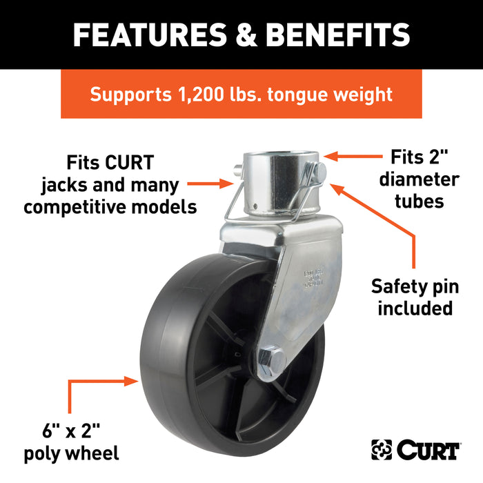 CURT 28277 6in. Jack Caster (Fits 2in. Tube; 2;000 lbs; Packaged) - Truck Part Superstore