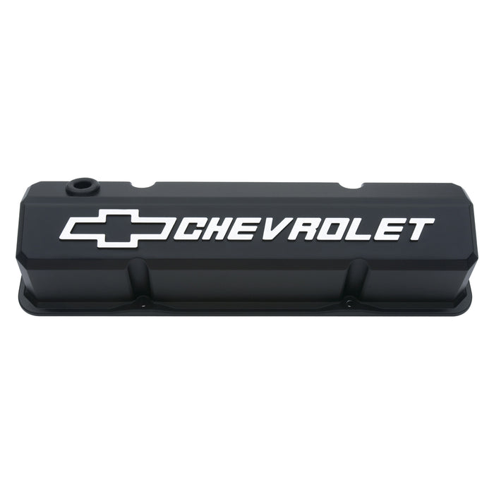 Proform 141-921 Valve Covers; Slant-Edge Tall; Die Cast; Black w/ Raised Bowtie Logo; SB Chevy - Truck Part Superstore