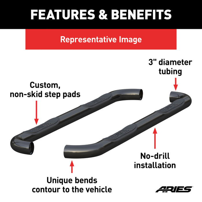 ARIES 204032 3in. Round Black Steel Side Bars; Select Chevrolet Equinox; GMC Terrain - Truck Part Superstore