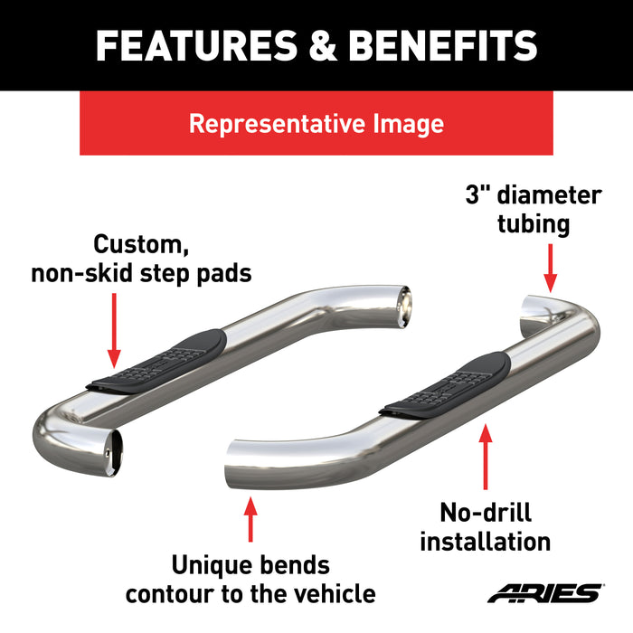 ARIES 205001-2 3in. Round Polished Stainless Side Bars; Select Dodge Dakota - Truck Part Superstore