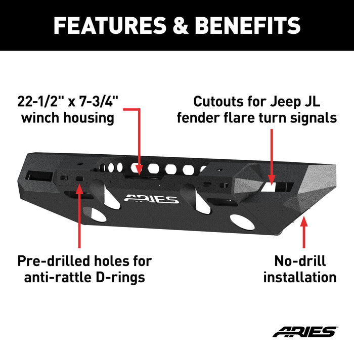 ARIES 2082072 TrailChaser Jeep Wrangler JL; Gladiator Steel Front Bumper (Option 7) - Truck Part Superstore
