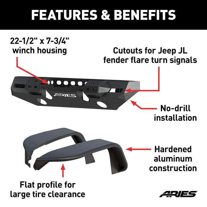 ARIES 2082073 TrailChaser Jeep Wrangler JL Front Bumper with Fender Flares (Option 7) - Truck Part Superstore