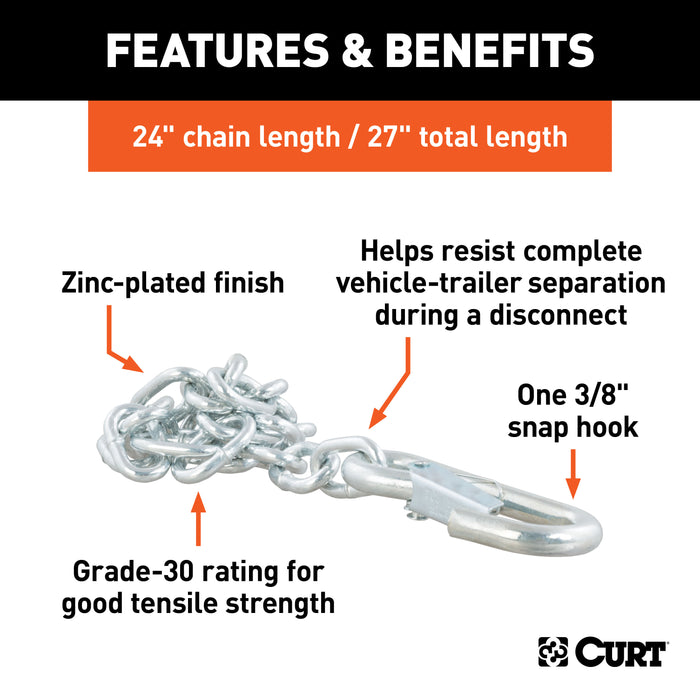 CURT 80312 27in. Safety Chain with 1 Snap Hook (2;000 lbs; Clear Zinc) - Truck Part Superstore