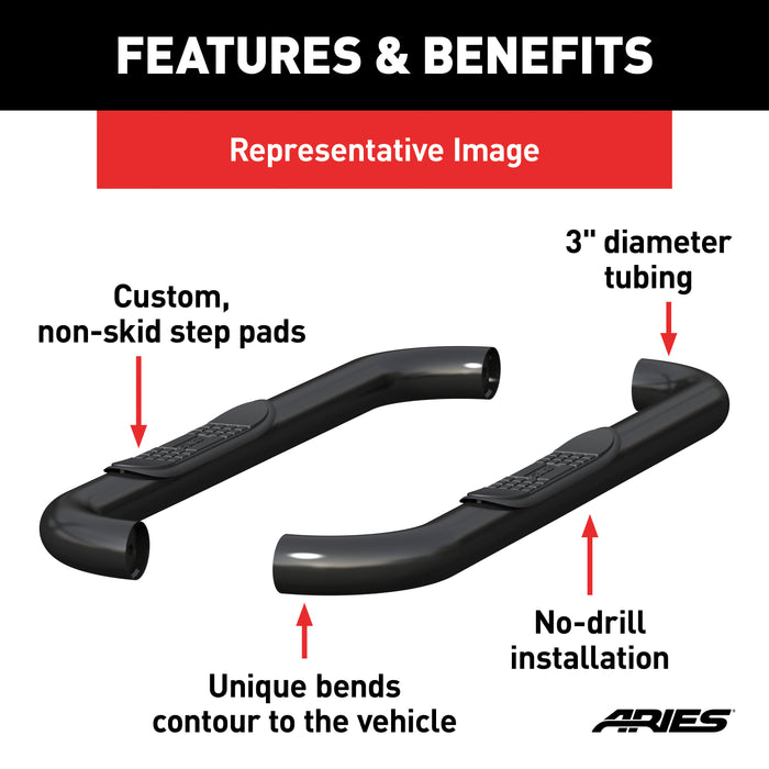 ARIES 213014 3in. Round Black Stainless Side Bars; Select Ford F-250; F-350 Super Duty - Truck Part Superstore